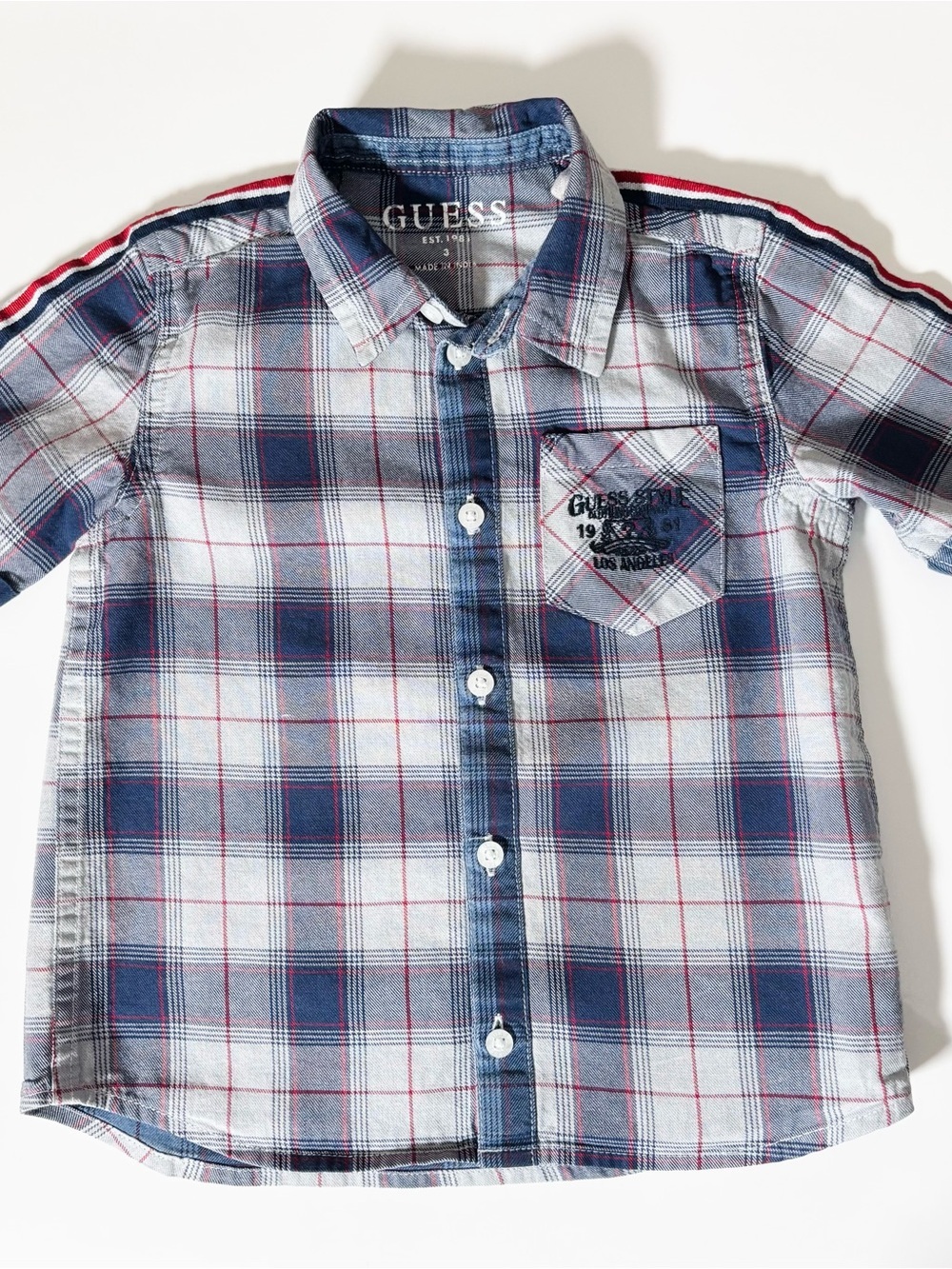GUESS Kids Boys Plaid Short Sleeve Button Up Shirt Stripe Detail 3T Designer